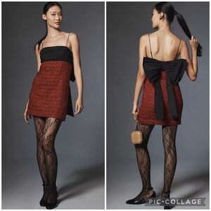 Anthropologie Maeve Dress NWT Bow Square Neck Tweed Mini Dress Red Black Medium